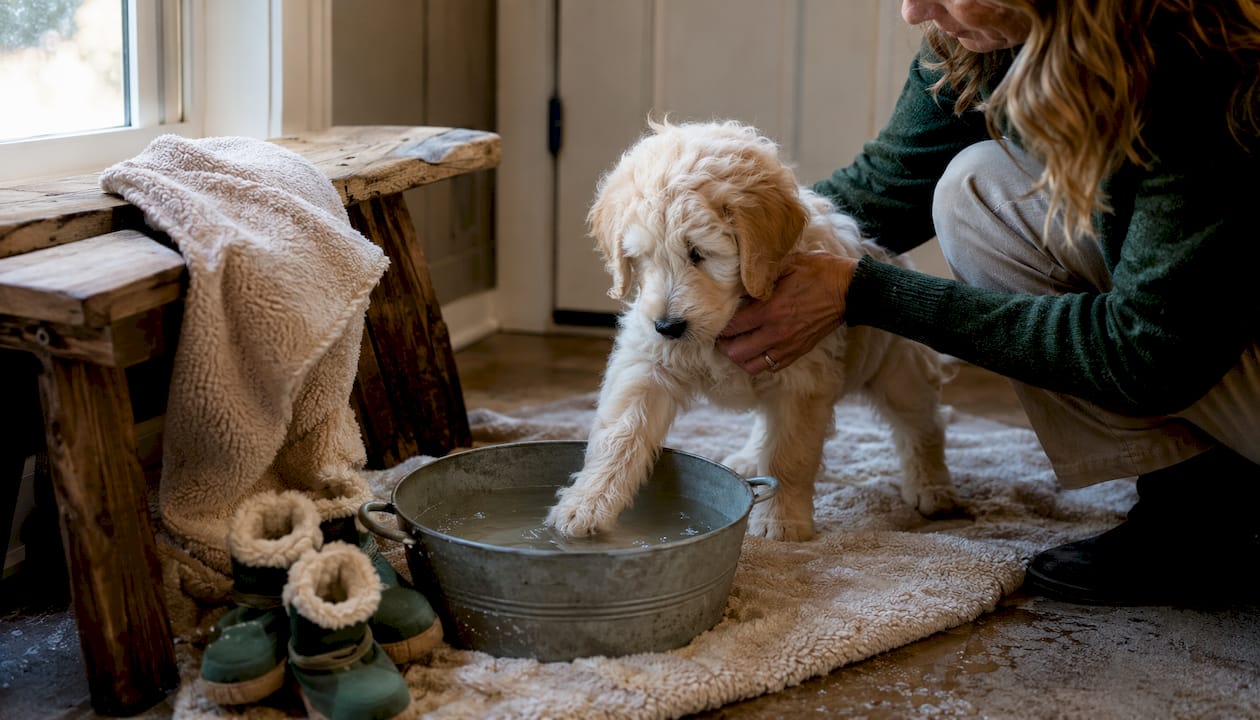 Puppy paw cleaning setup by home entry