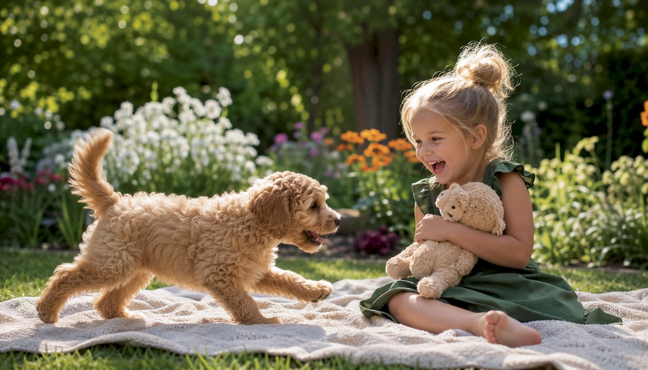 Friendly puppy playing with child indoors