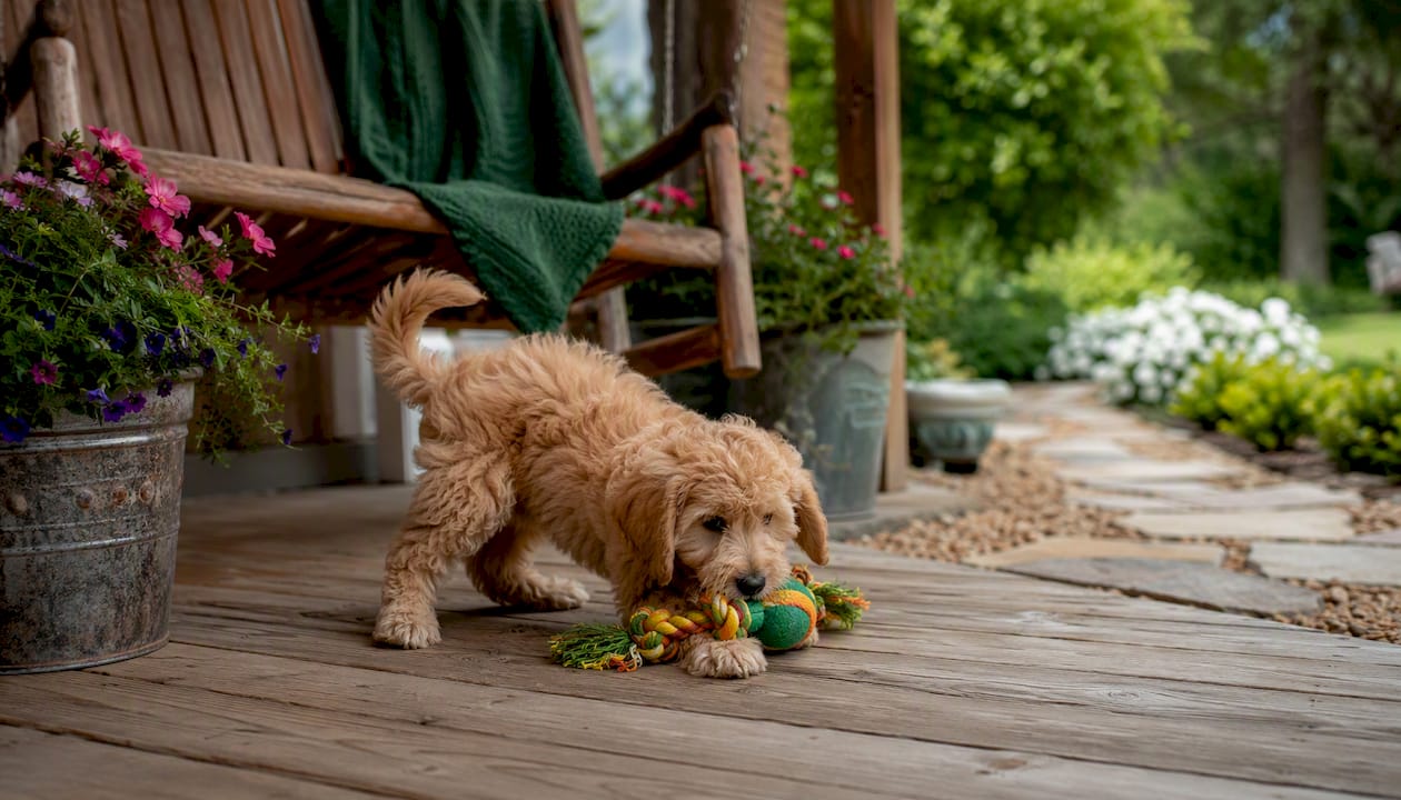 Small Goldendoodle puppy playing in breeder's yard