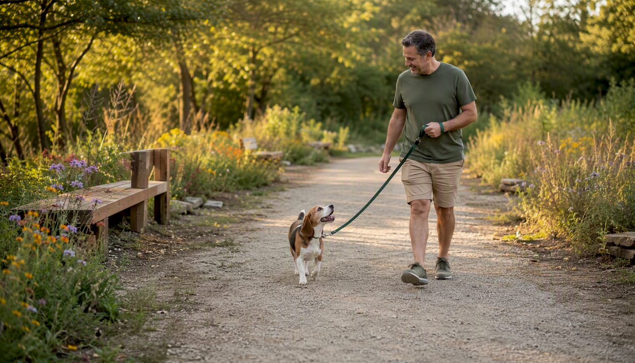 Man practicing on-leash recall with beagle in park