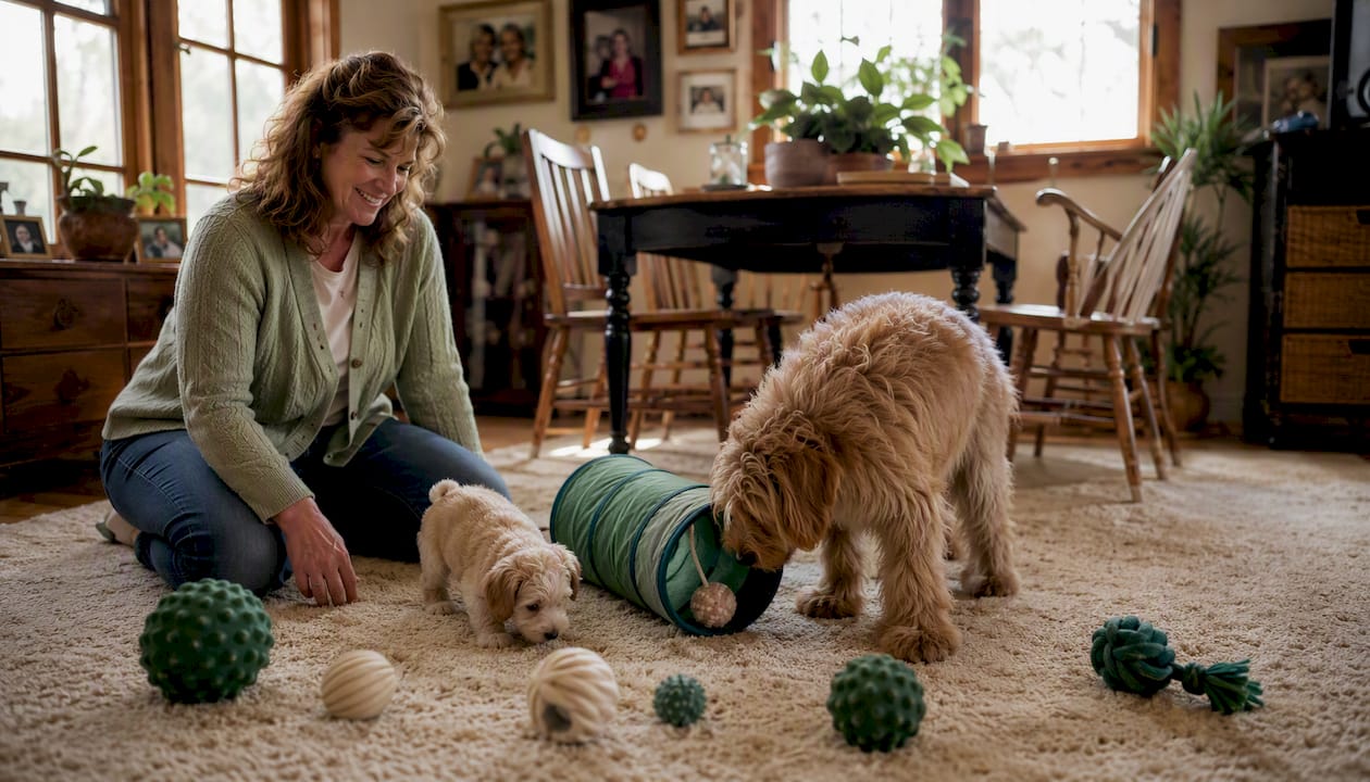 Home setting with enrichment toys and puppies playing