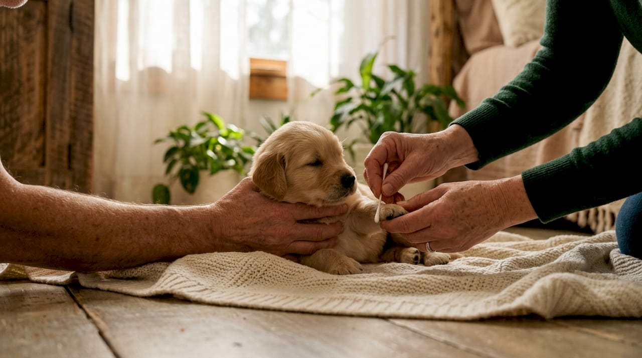 Hands applying neurological stimulation to puppy