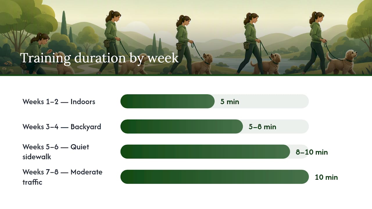 Leash training progression infographic timeline