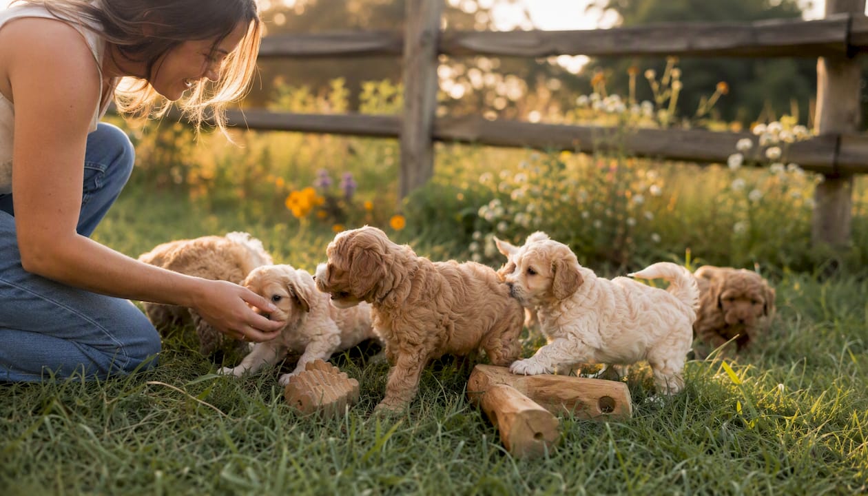 Puppies playing during socialization in rustic outdoor yard