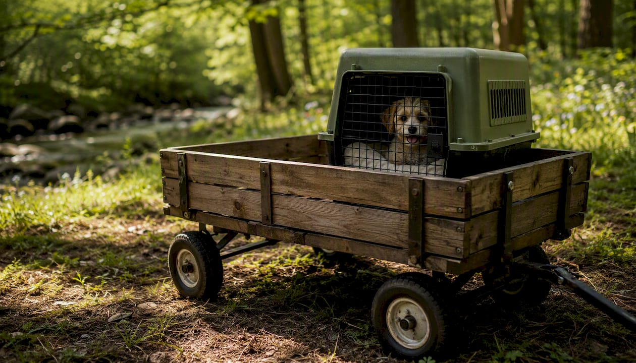 Small puppy resting inside secured car crate