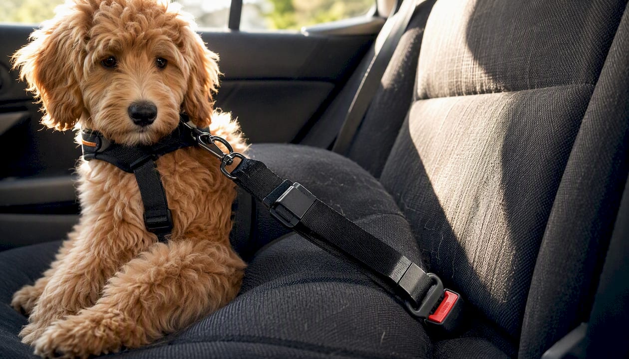 Puppy in harness clipped to car seatbelt in parking lot