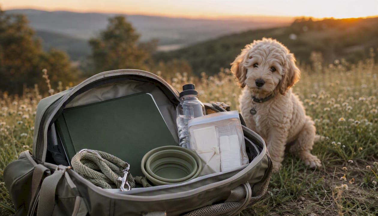 Puppy travel emergency kit laid out on wooden bench