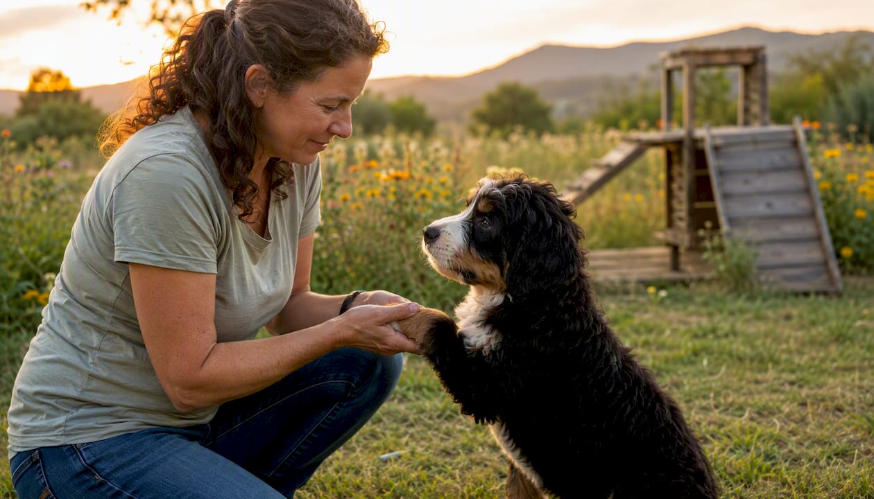Breeder assessing Bernedoodle puppy temperament outdoors