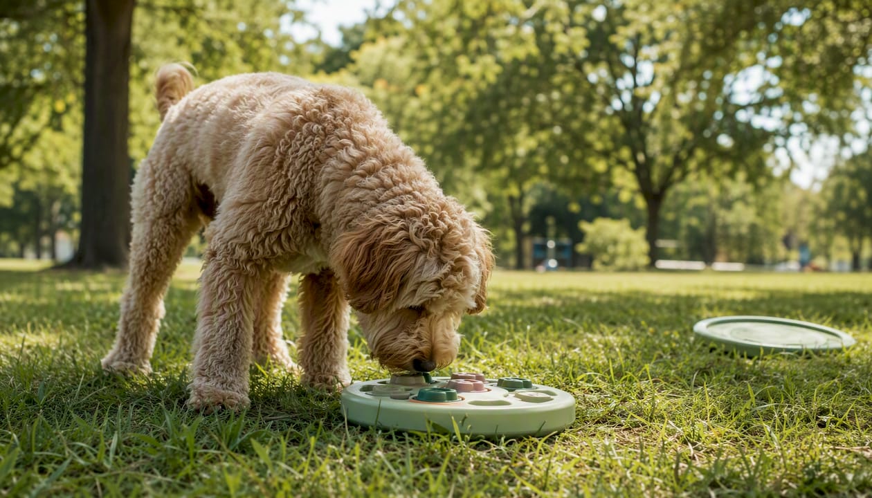 Goldendoodle playing with puzzle feeder toy