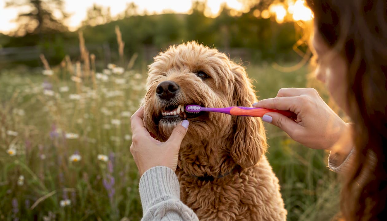 Cockapoo having teeth brushed outdoors