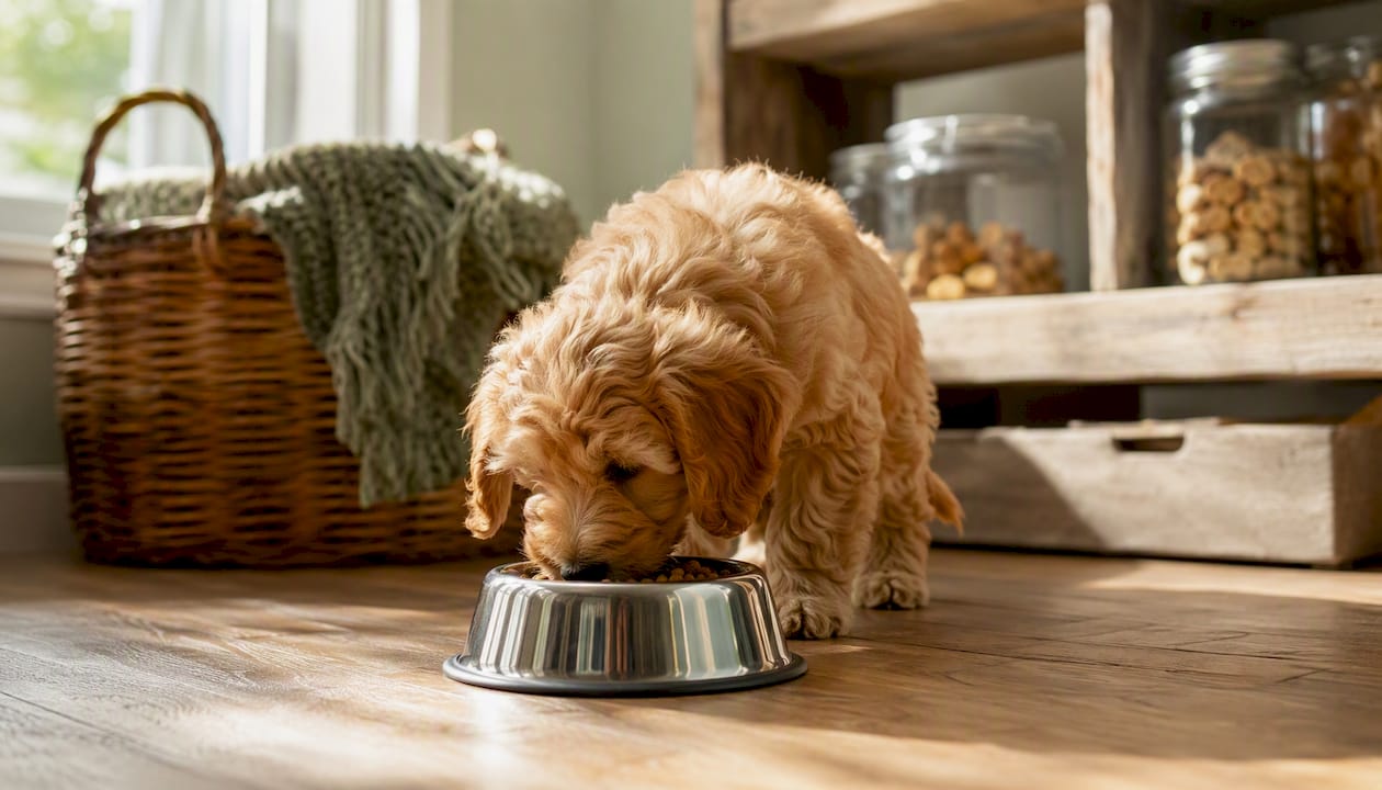 Doodle puppy eating from stainless steel bowl