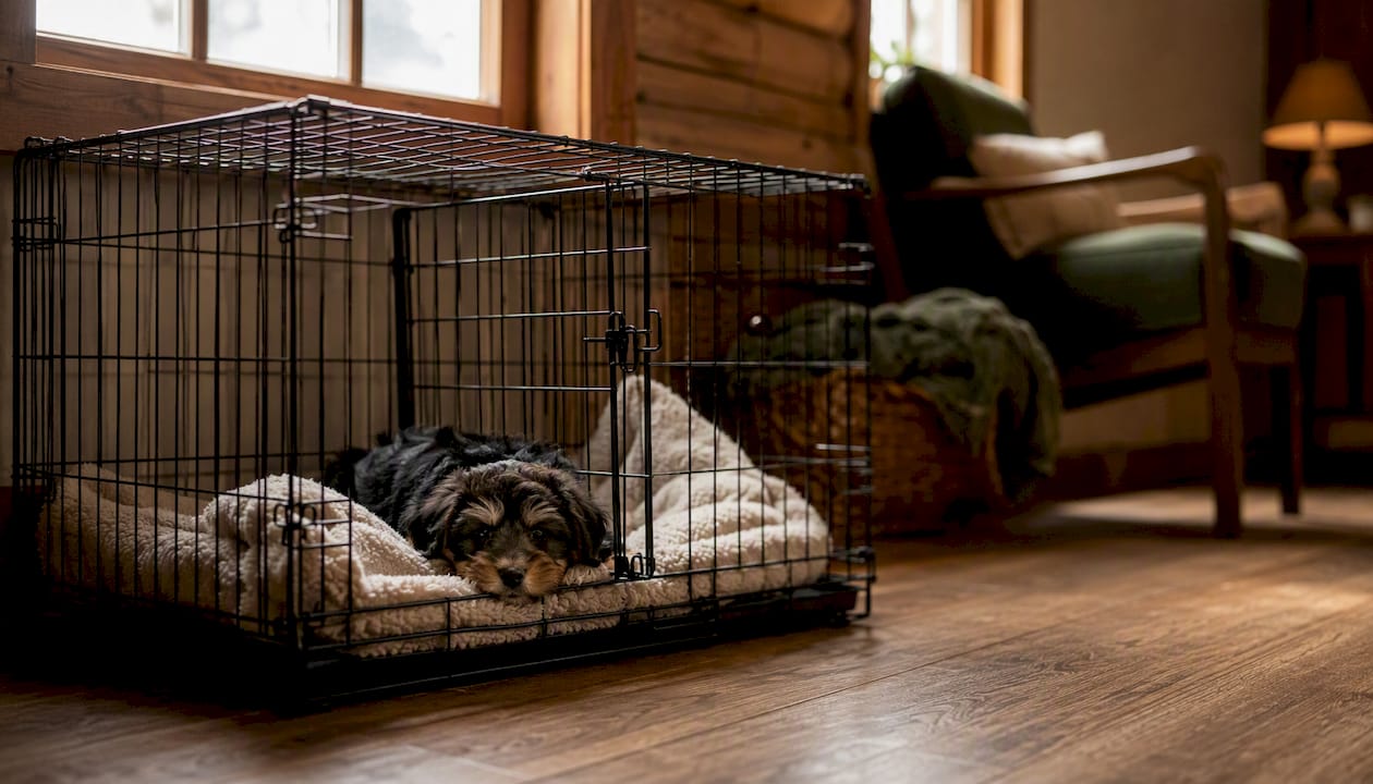 Puppy resting in crate with divider panel
