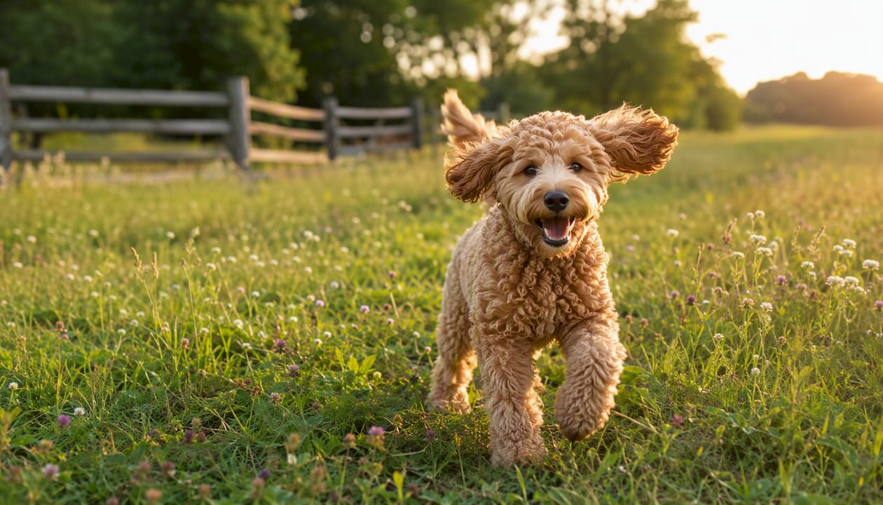 Goldendoodle with wavy fleece teddy bear coat