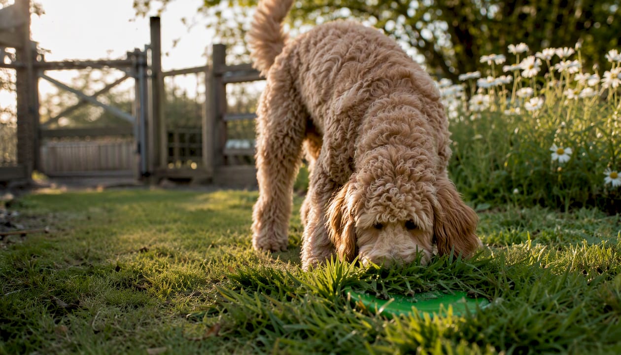 Adolescent Goldendoodle doing scent game