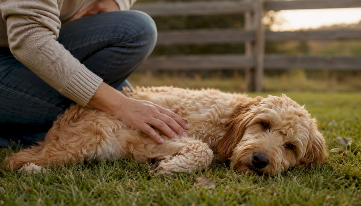 Person touching Goldendoodle adult dog’s coat outdoors