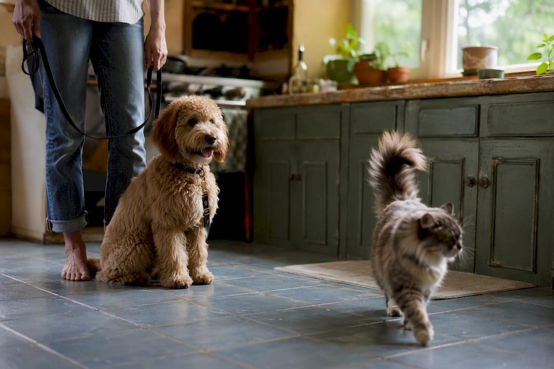 Leashed doodle puppy sitting near free roaming cat indoors