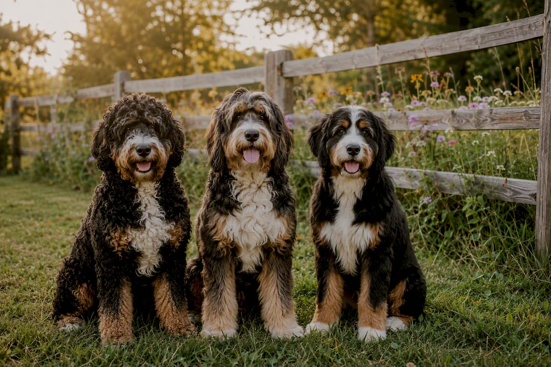 Three Bernedoodles showing coat type differences