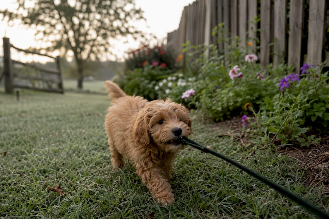 Cockapoo puppy on leash in rustic Ontario suburban lawn