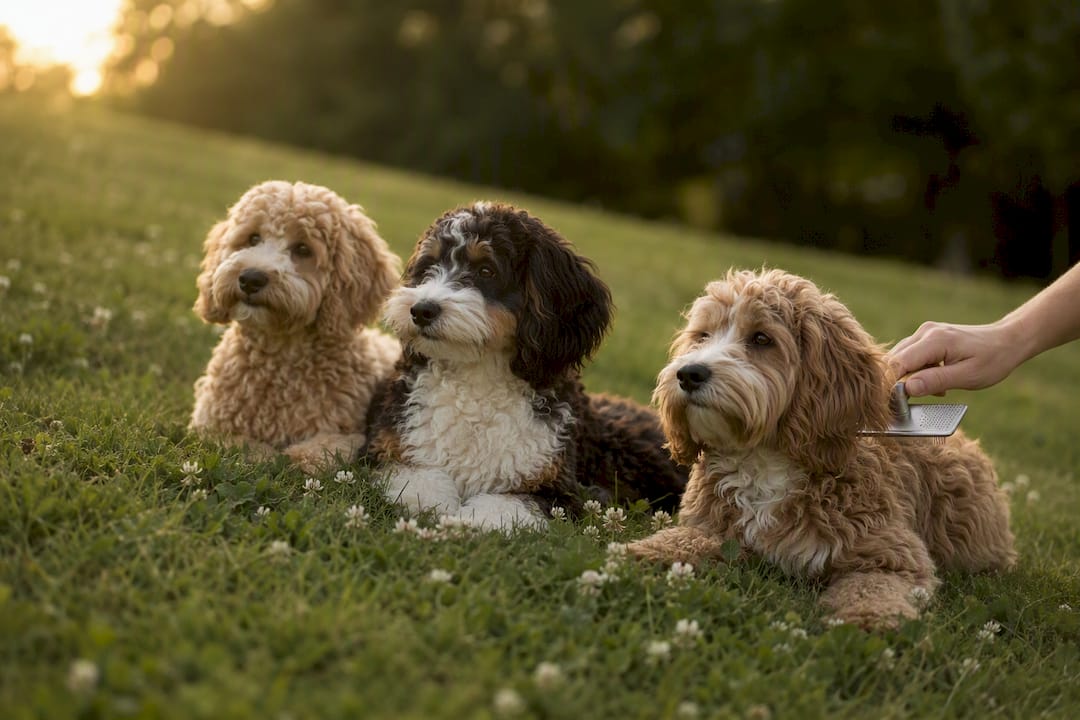 Cockapoo puppies with different coat types outdoors