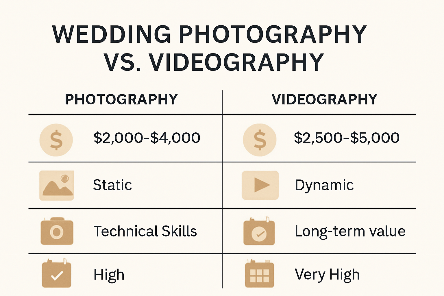 Comparison infographic: wedding photography vs videography