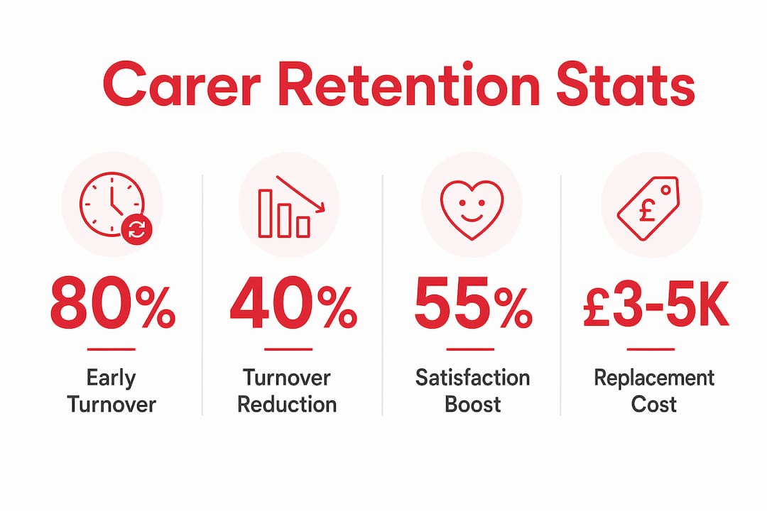 Infographic displaying carer retention and scheduling statistics