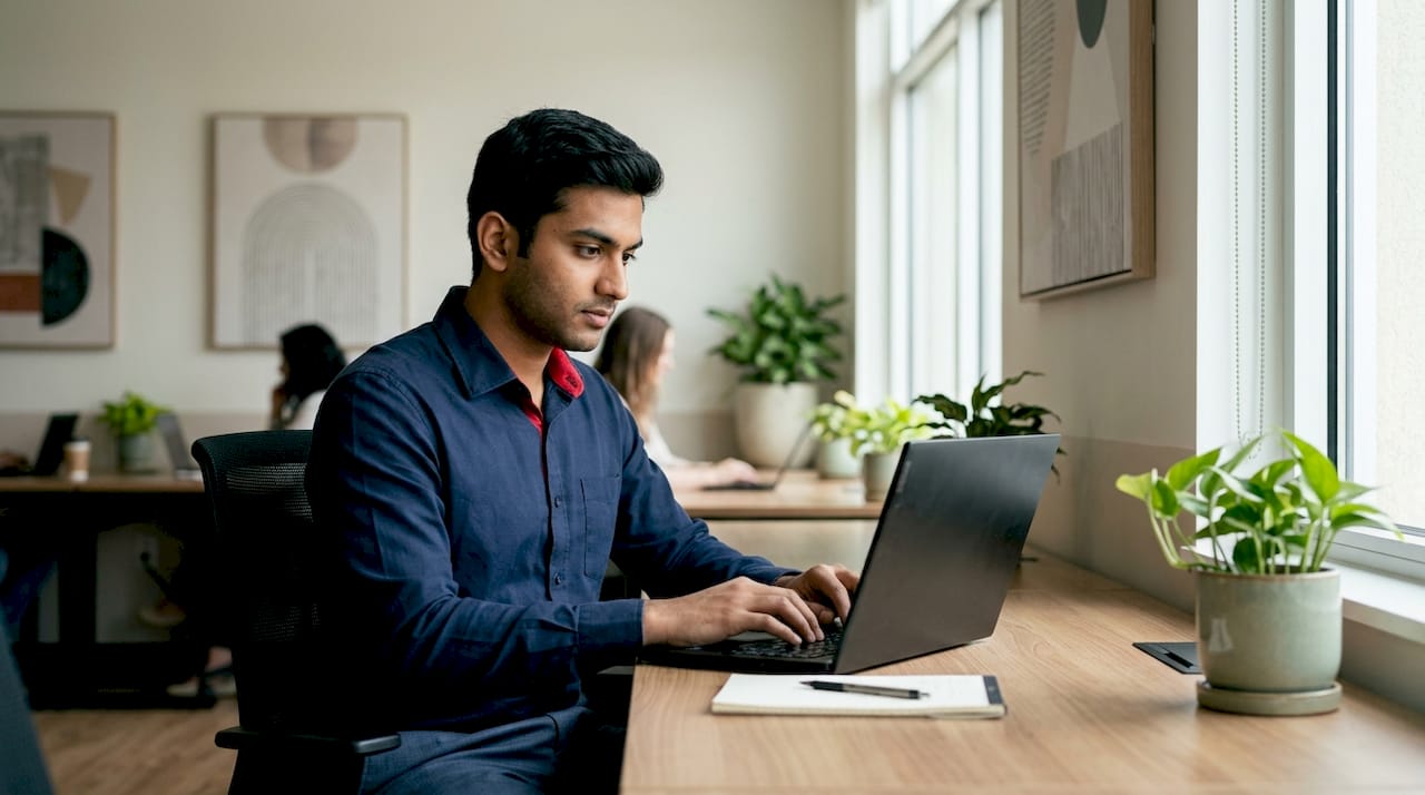 Manager typing on laptop for scheduling software