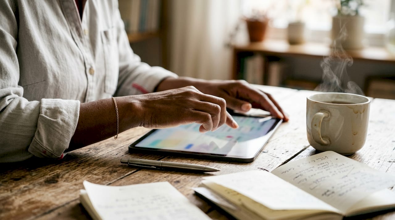 Close-up of hands interacting with tablet device