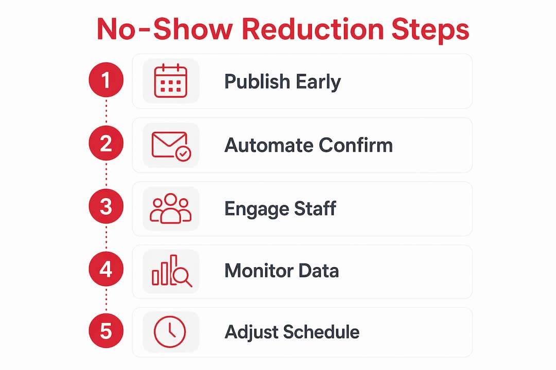 Infographic illustrating five steps to reduce no-shows