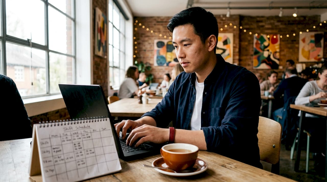 Hands typing on laptop with reports