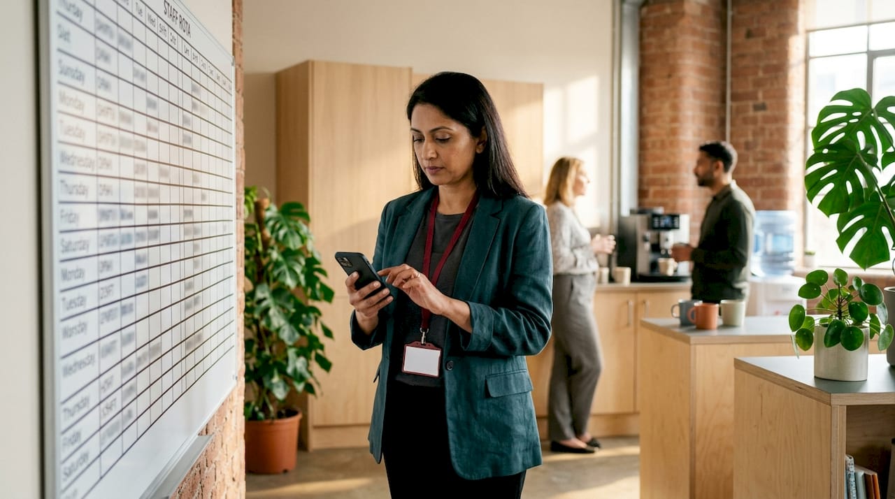 Manager reviewing staff schedule and messaging