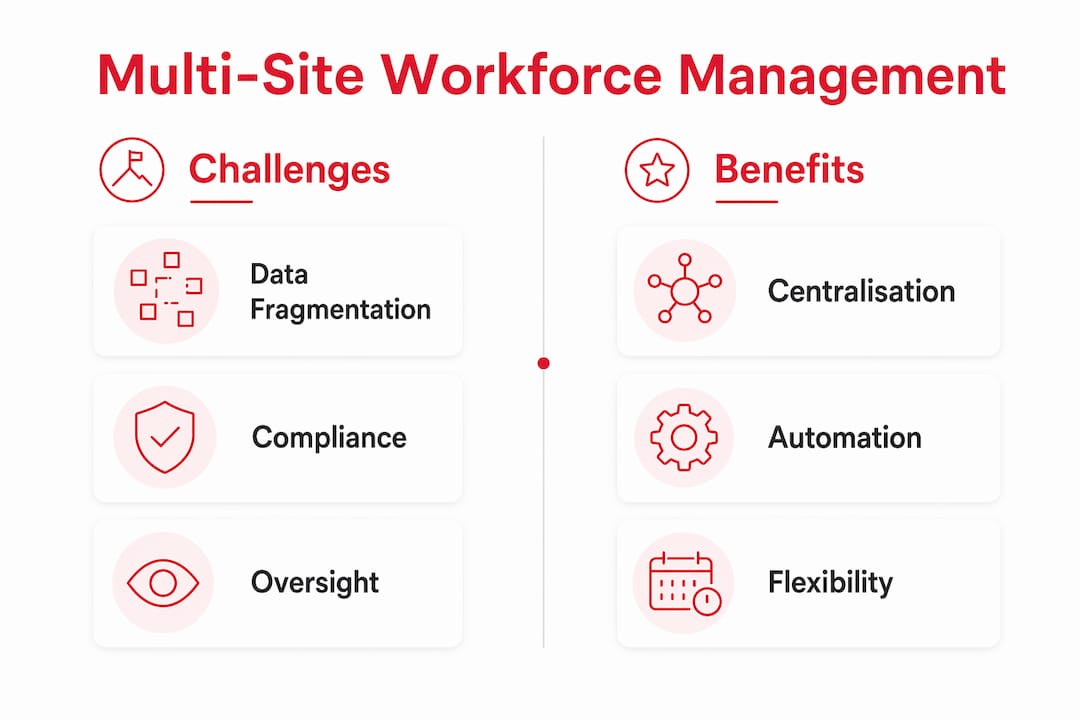 Infographic comparing challenges and benefits of multi-site management