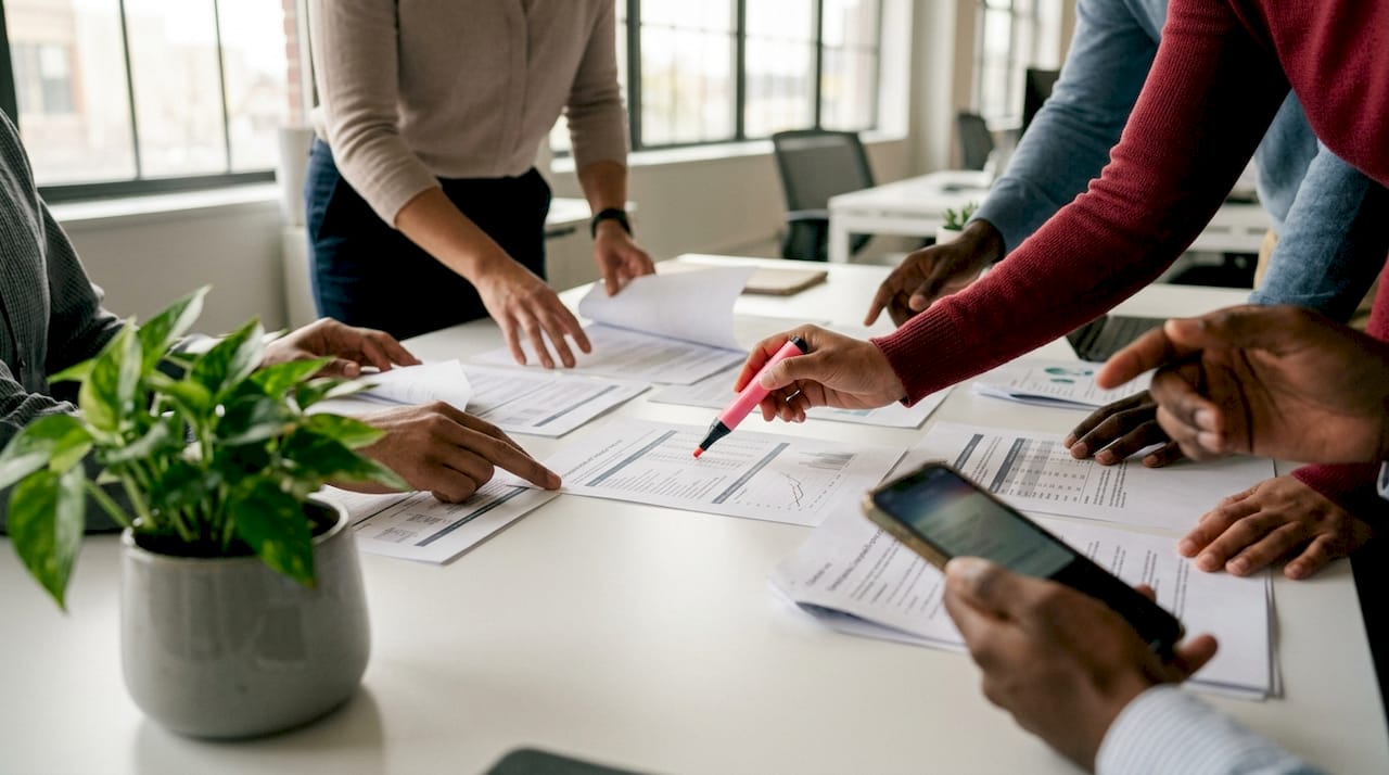 Hands pointing at compliance report documents