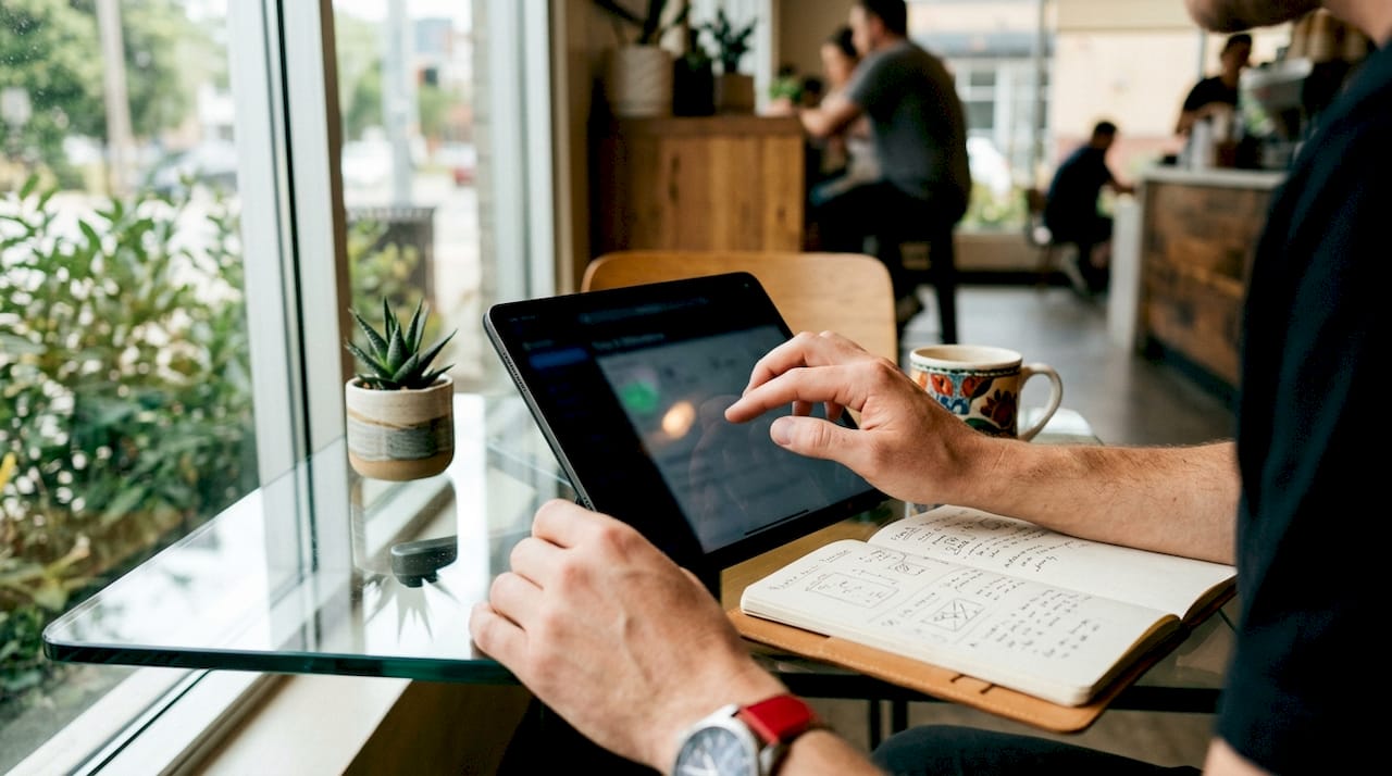 Hands using time tracking app on tablet
