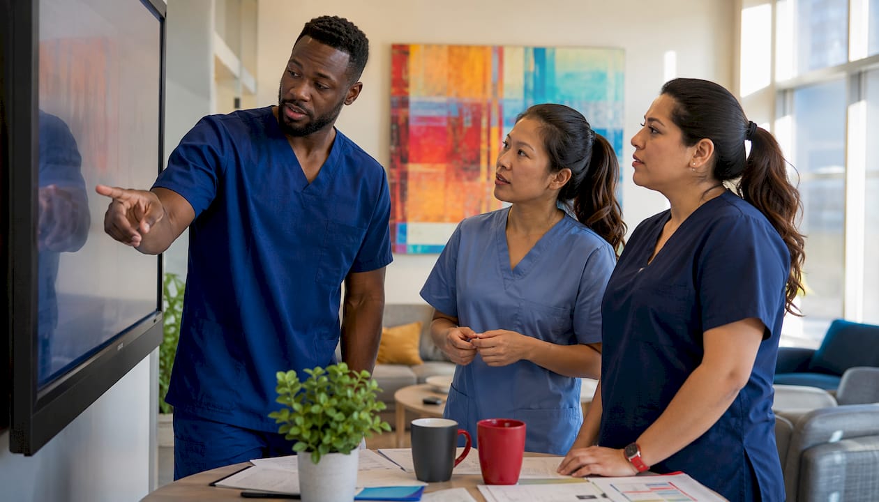 Nurses interacting with workforce analytics dashboard