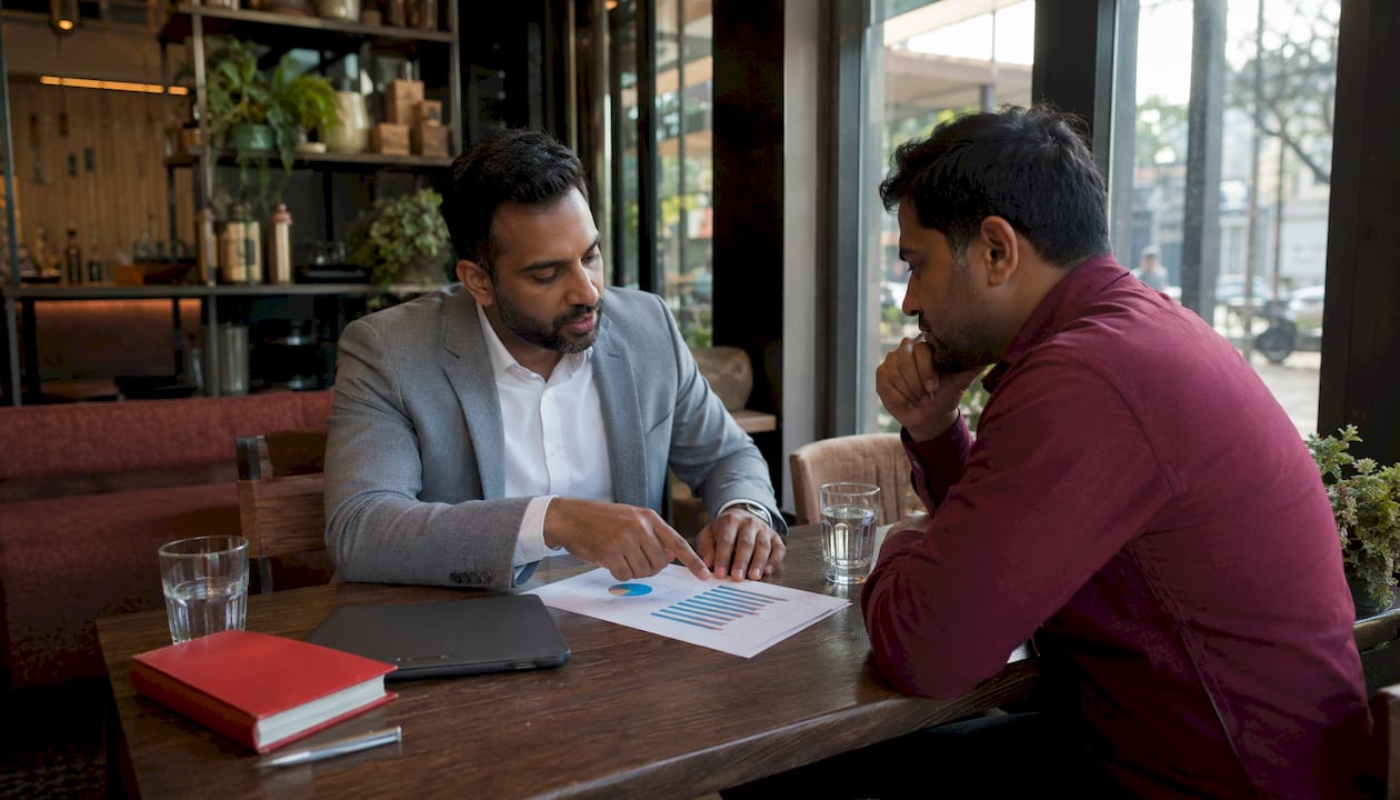 Two men discussing staff turnover