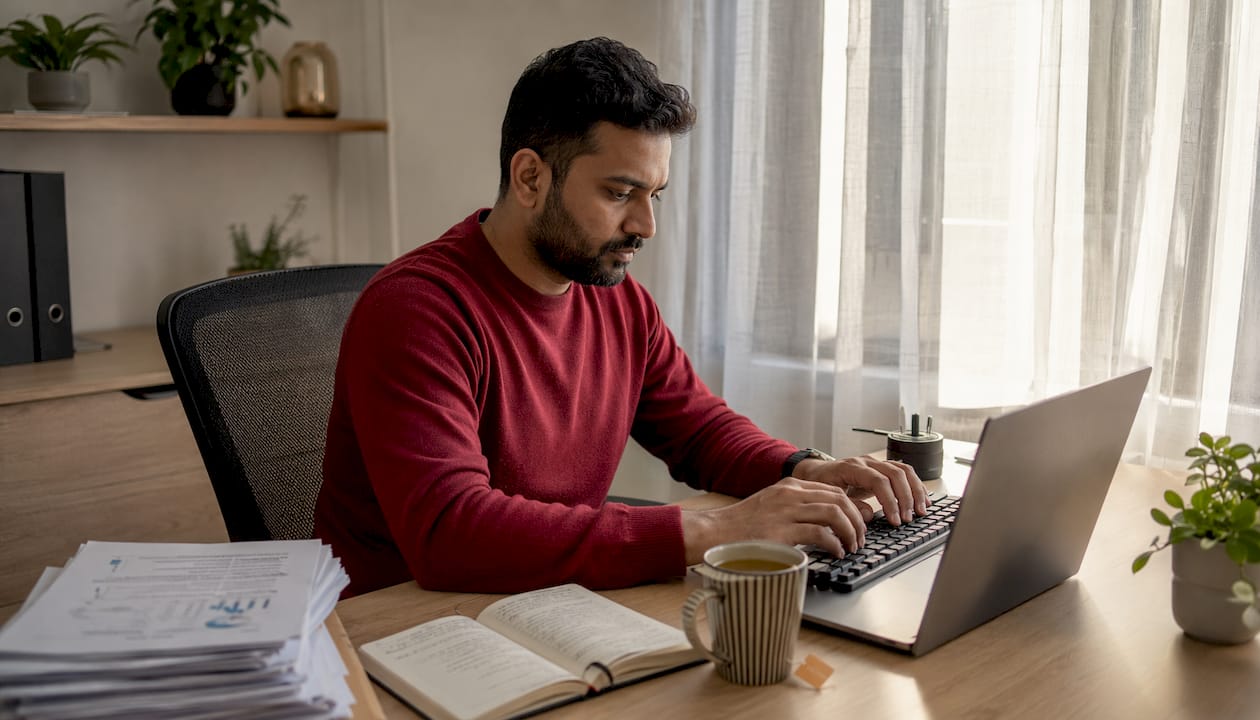 Hands typing fatigue breach log at home desk