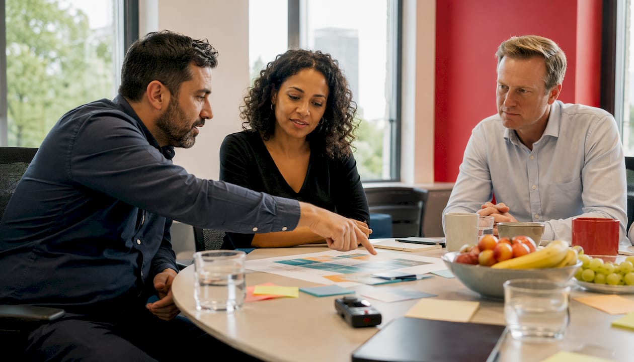 Managers briefing together around table in meeting room