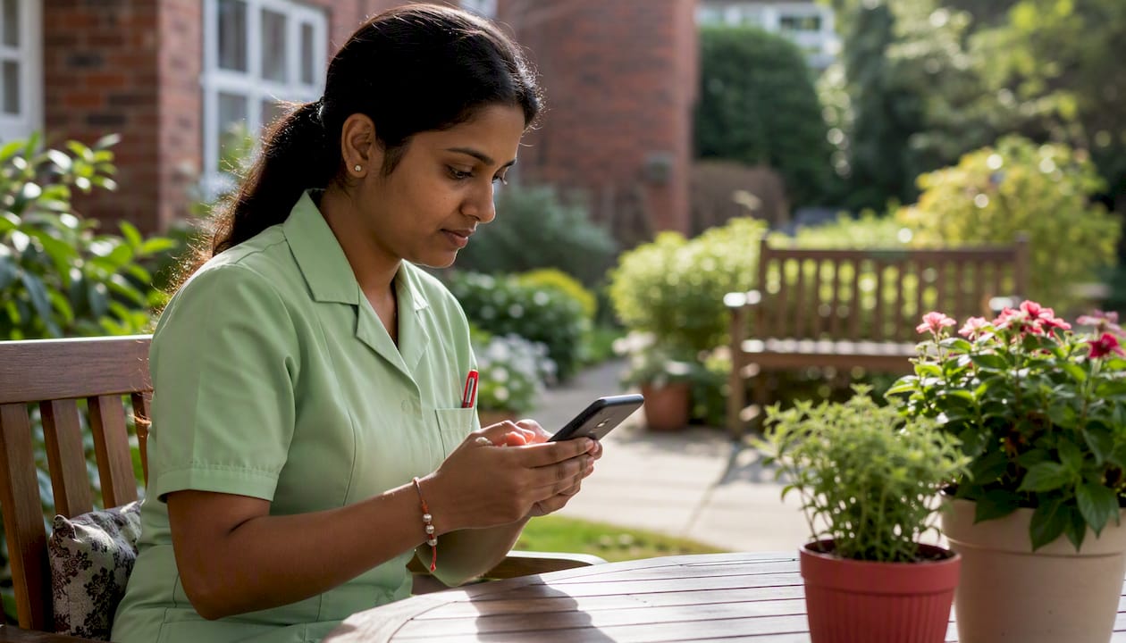 Care worker using digital checklist on smartphone
