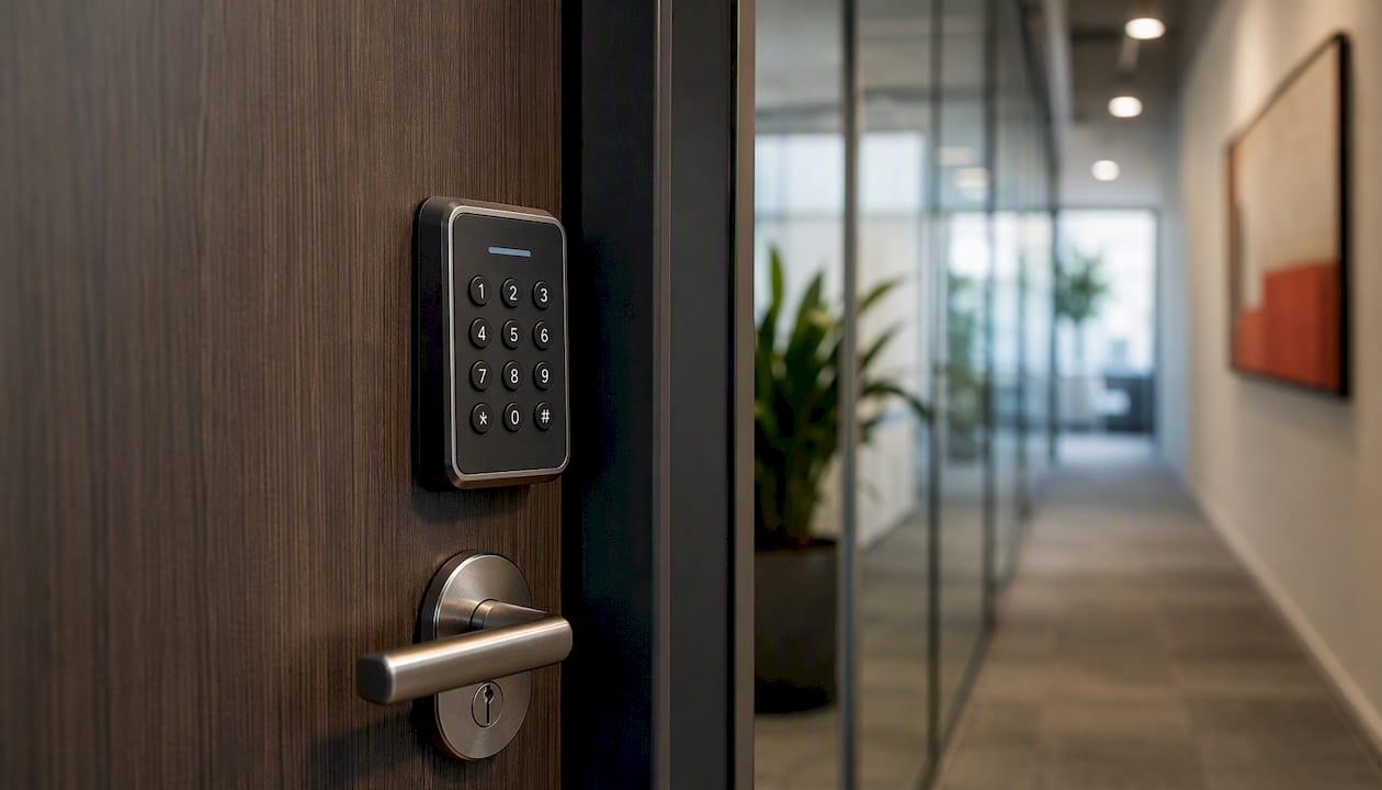 Office door with two-factor authentication keypad