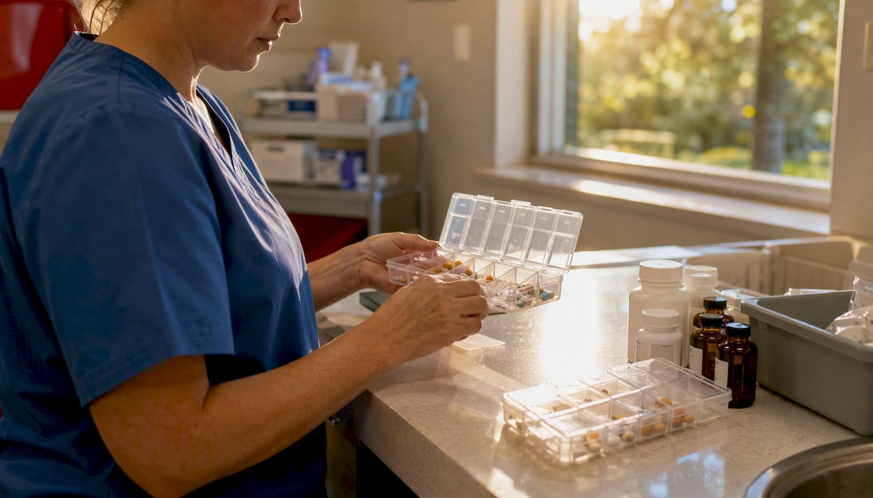 Care worker arranging medication organizer