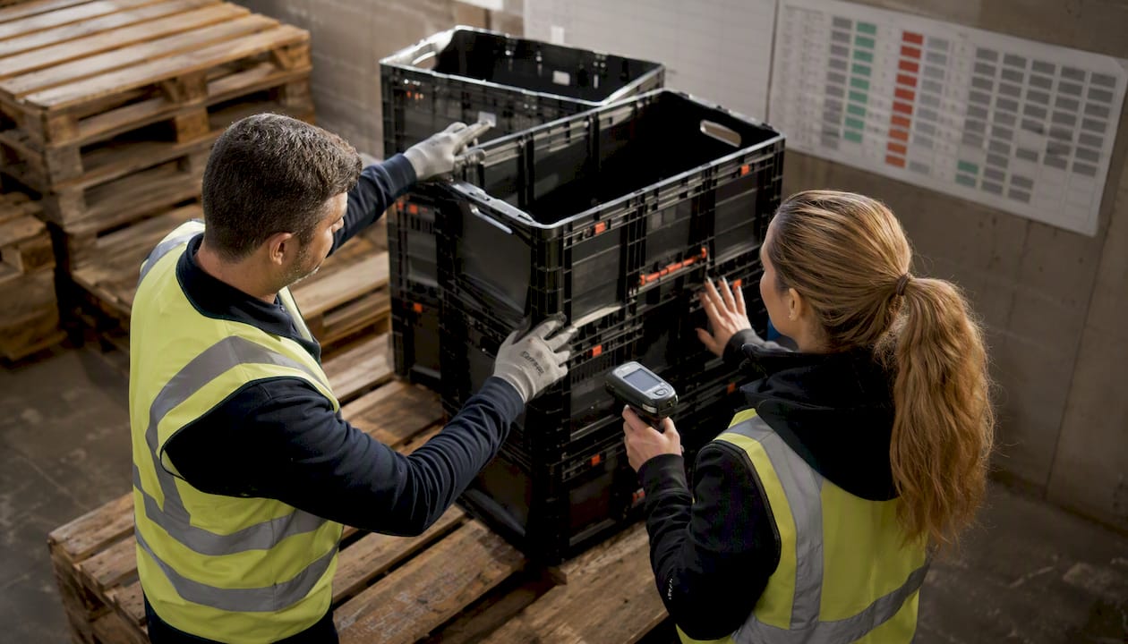 Warehouse hands demonstrating pallet stacking with scanner