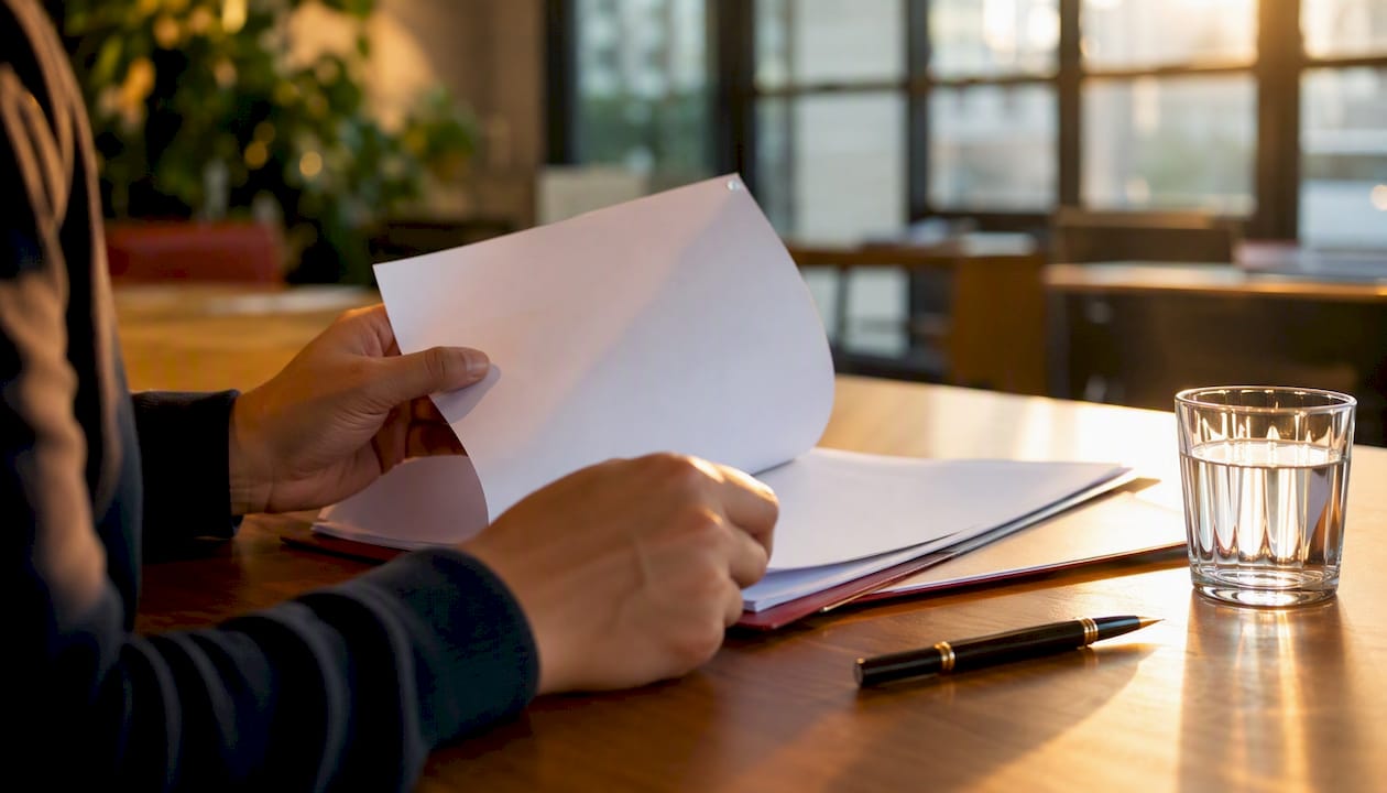 Hands auditing employee contract folder