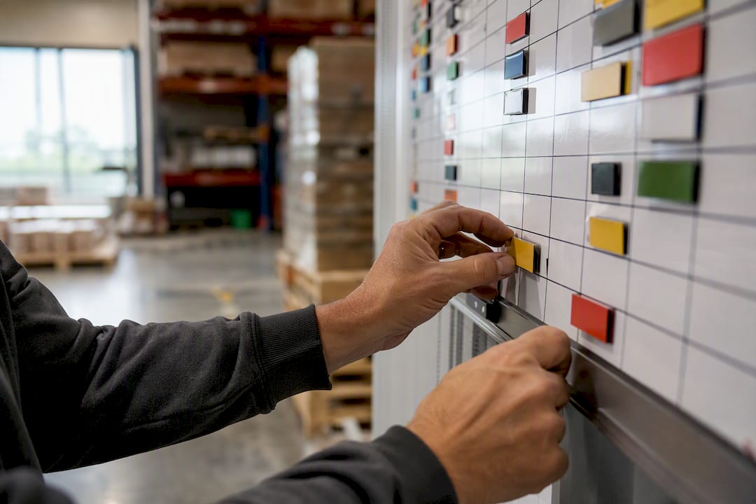 Supervisor adjusting shift schedule markers