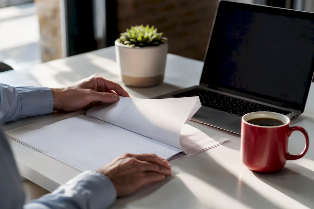 Hands pointing at financial documents