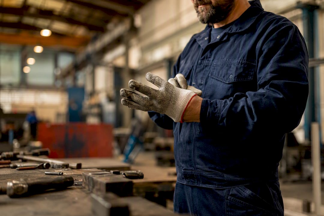 Worker adjusting gloves in factory setting