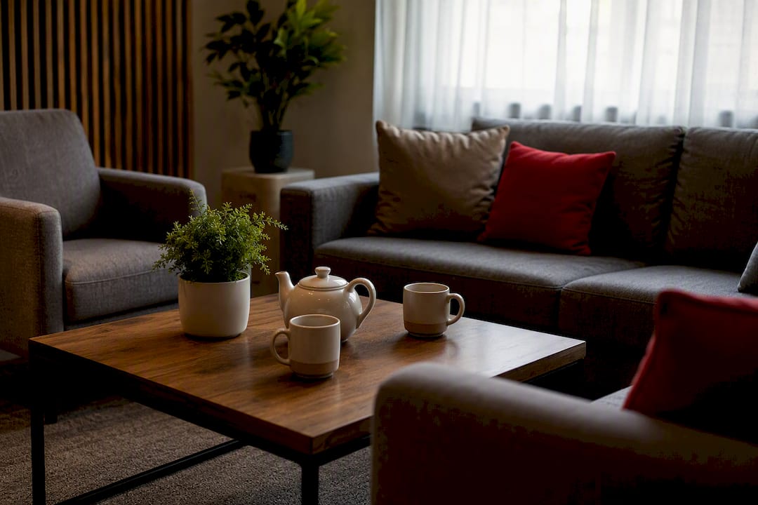 Staff break room with soft lighting and seating