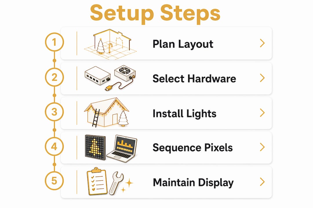 Infographic illustrating steps to setup animated holiday display