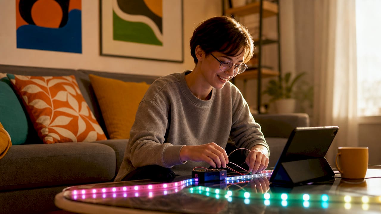 Woman assembling pixel lights for holiday display