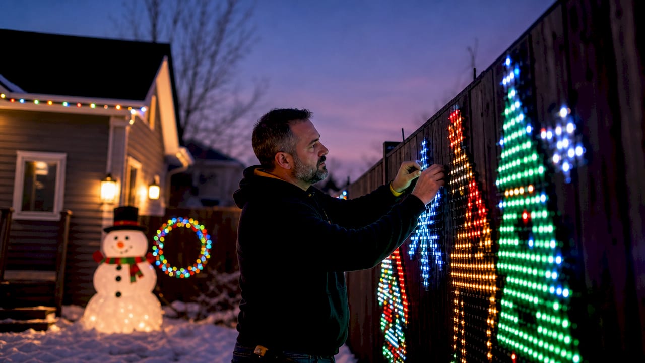 Man setting up animated holiday lights on house