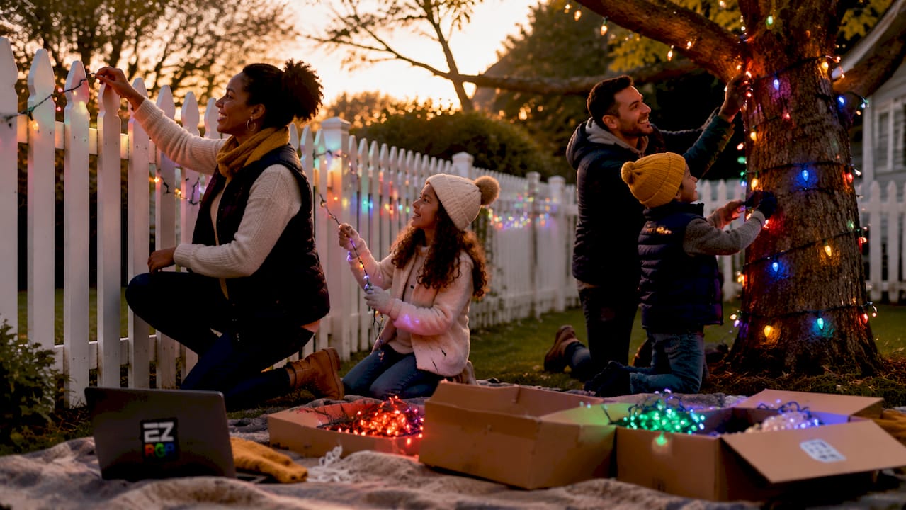 Family decorating home with holiday string lights